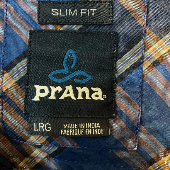 Prana men’s slim fit button down shirt, large. Blue, salmon and beige plaid - Picture 5 of 6